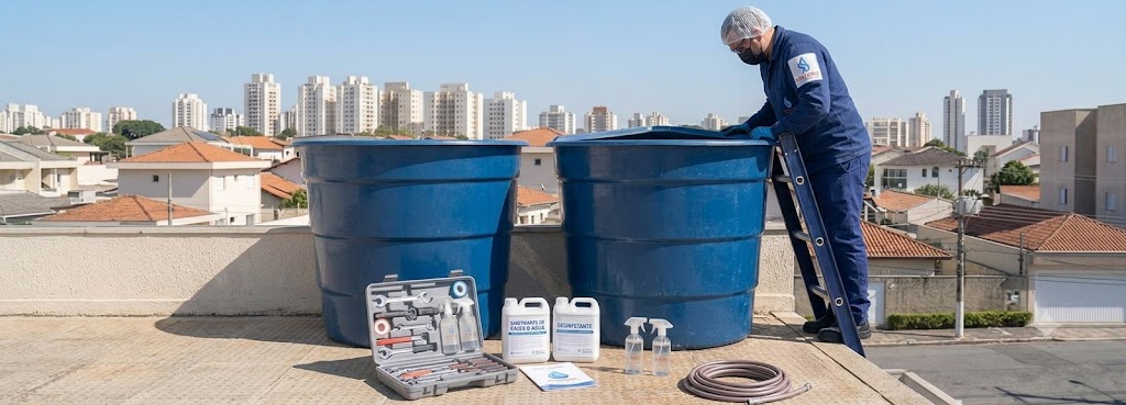 Profissional realizando Imunização e Desinfecção Bacteriológica de Caixas D'água em Brusque